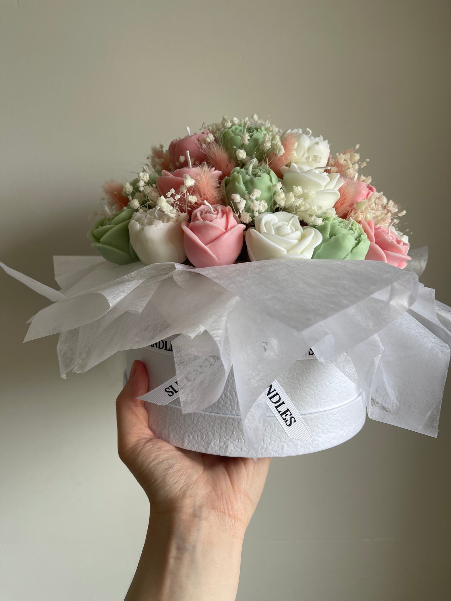 Sage Green, Dusty Rose + White Candle Bouquet