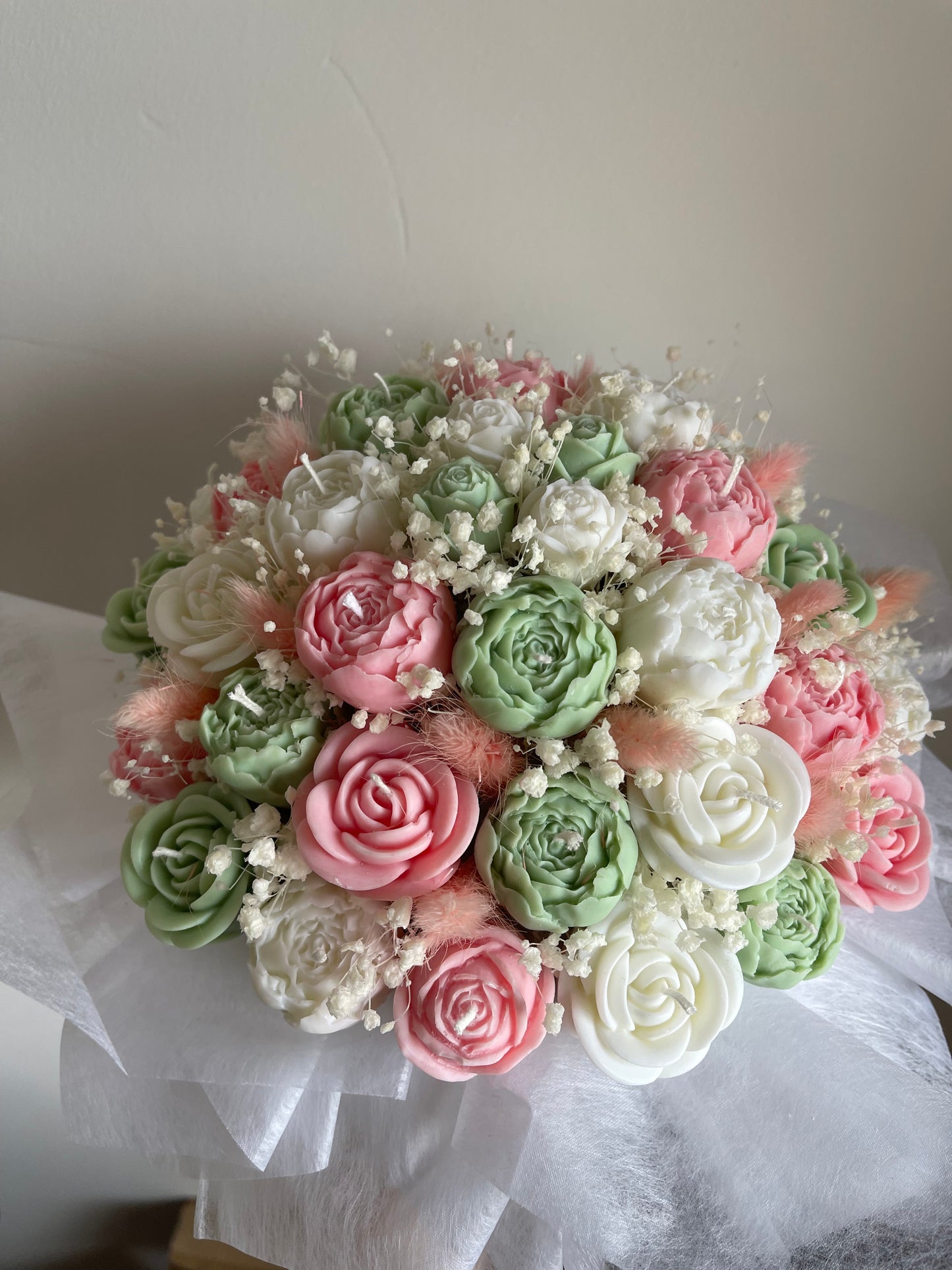Sage Green, Dusty Rose + White Candle Bouquet