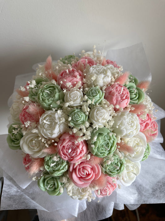 Sage Green, Dusty Rose + White Candle Bouquet