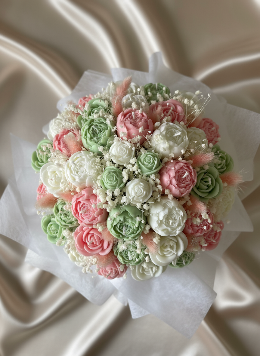 Sage Green, Dusty Rose + White Candle Bouquet